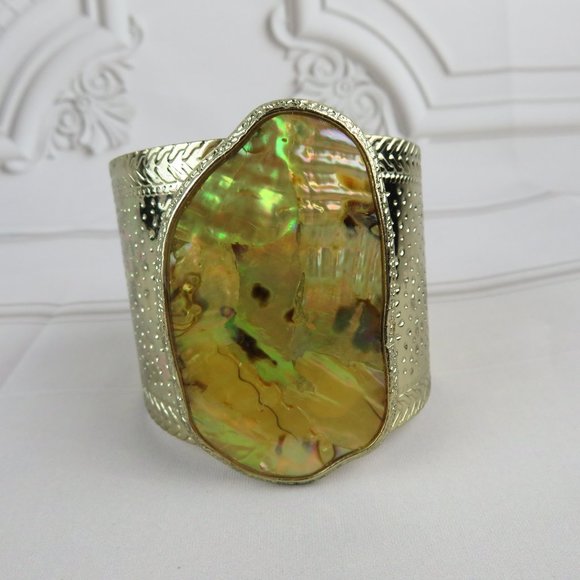 Gemstone Gold Plated Cuff Bracelet Hammered Metal - Picture 3 of 5